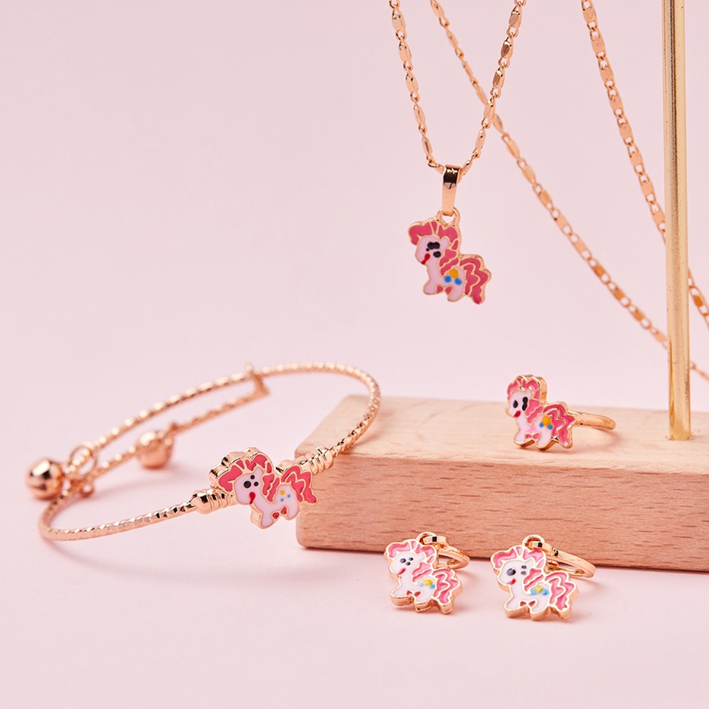 Paket Set Anak Kalung + Gelang + Cincin + Anting Unicorn Pink Gold Perhiasan Anak 737