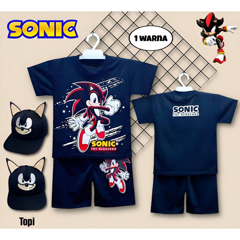 SETELAN ANAK ANIMASI KARTUN SONIC DITAMBAH TOPI USIA 1-10THN/SETELAN SONIC /TOPI SONIC/TOPI TAYO