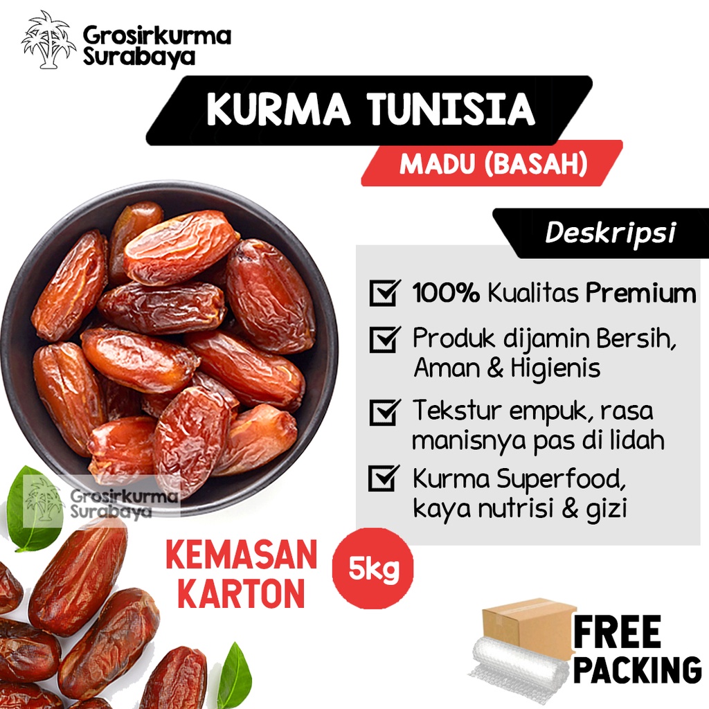 KURMA TUNISIA MADU 5KG Kemasan Karton Superfood Kaya Gizi &amp; Nutrisi Barari Royal Sukari Palmfruit