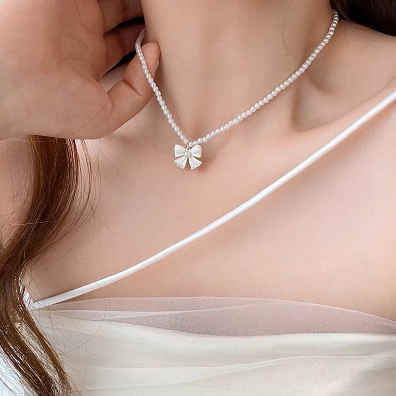 Papaozhu Elegan Lucu Busur Liontin Mutiara Manik-Manik Choker Kalung Untuk Wanita Gadis Korea Ikatan Simpul Pesona Pendek Rantai Kalung Fashion Perhiasan Hadiah