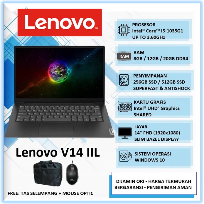 Laptop Intel Core i5 Murah Lenovo V14 Intel Core i5 1035G1 RAM 8GB 12GB 20GB SSD 256GB 512GB 14" FHD Win10Home