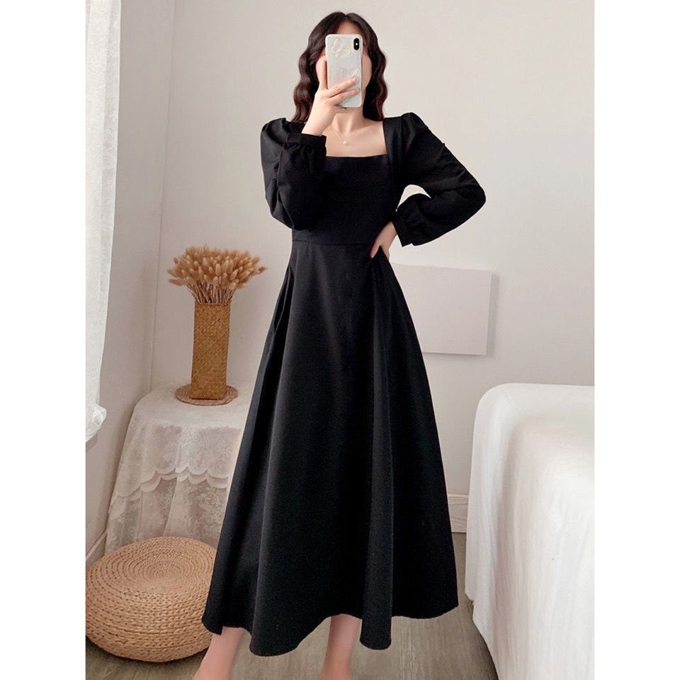 Dress korea/kerah persegi vintage dress/dress hitam panjang