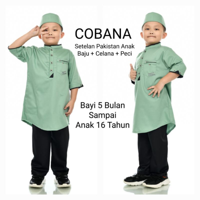 Cobana Store - Baju Koko Setelan Anak Baju Celana Peci Setelan Anak Premium Warna Hijau Mint