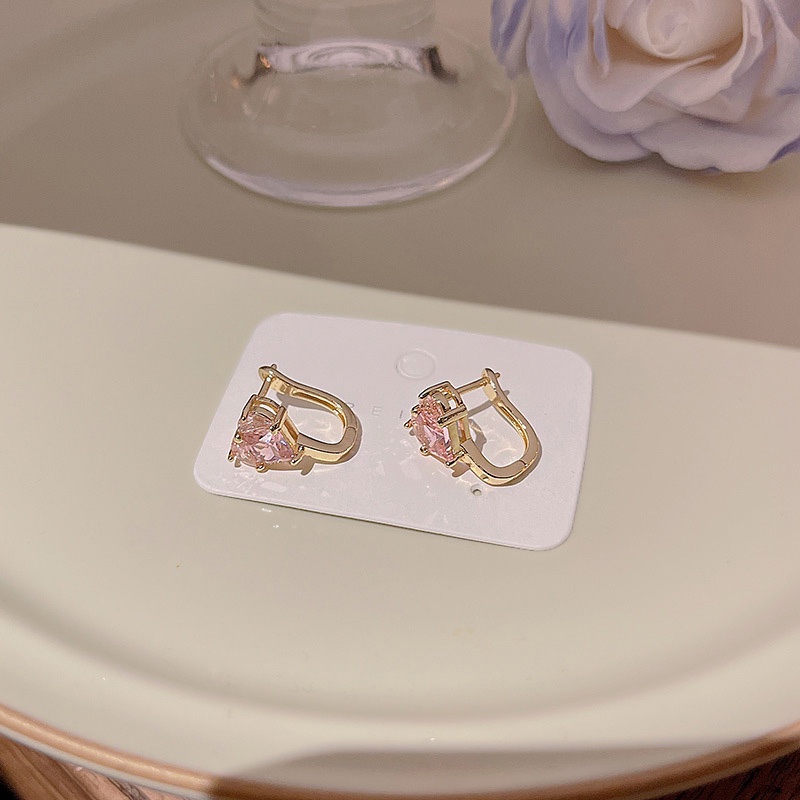 925jarum Perak Mewah Jarum Merah Muda Zirkon Anting Hati Mode Halus Kecil Anting Gesper Telinga