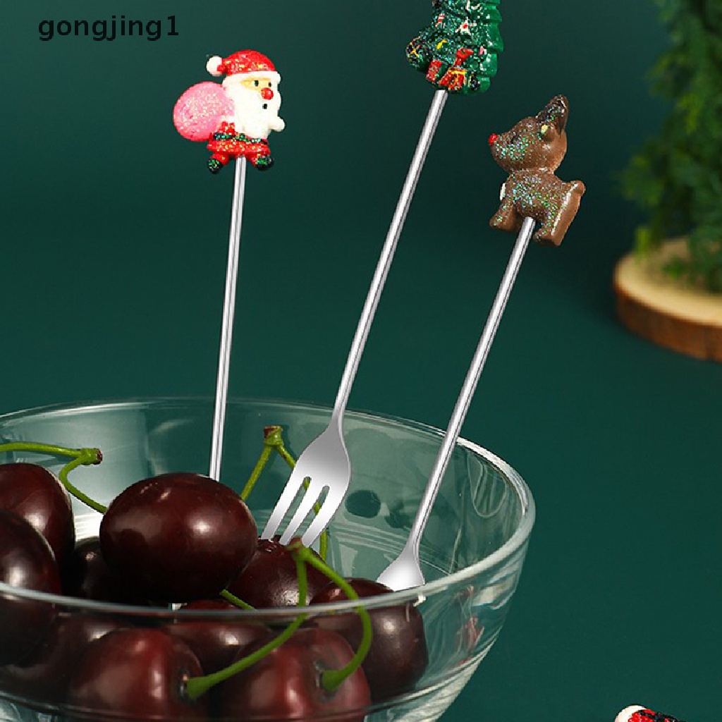 Ggg 2PCS Christmas Gift Sendok Garpu Sendok Garpu Set Rusa Dekorasi Pohon Natal Dessert Spoon Fruit Fork Sendok Kopi Cutlery Gift ID