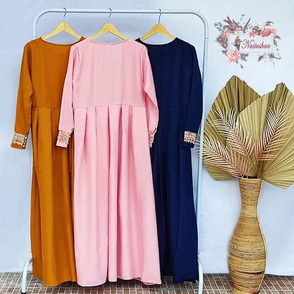 Gamis Syari Terbaru kekinian Bahan Wollycrepe Baju Masa kini Polos Mix Renda Cantik Promo Murah Long Dress Kombinasi Renda FREE PASHMINA