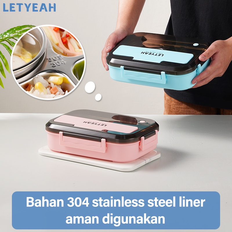 letyeah 1300ml Kotak makan 4 sekat anti tumpah /Lunch box stainless dengan mangkuk sup