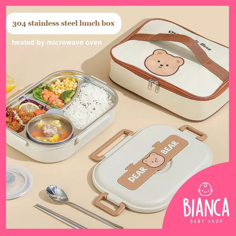 BIANCA - READY Lunch Box Anak Sekolah Stainless 304 BEAR SERIES / Kotak Makan Bekal Anak Sekolah Stainless 304 + TAS LUNCH BOX + SENDOK SUMPIT