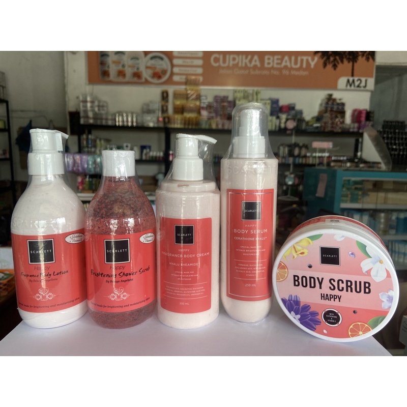 happy series | scarlett whitening happy series | lotion scarlett happy | scatlett body cream | scarlett body serum | scarlett body scrub happy