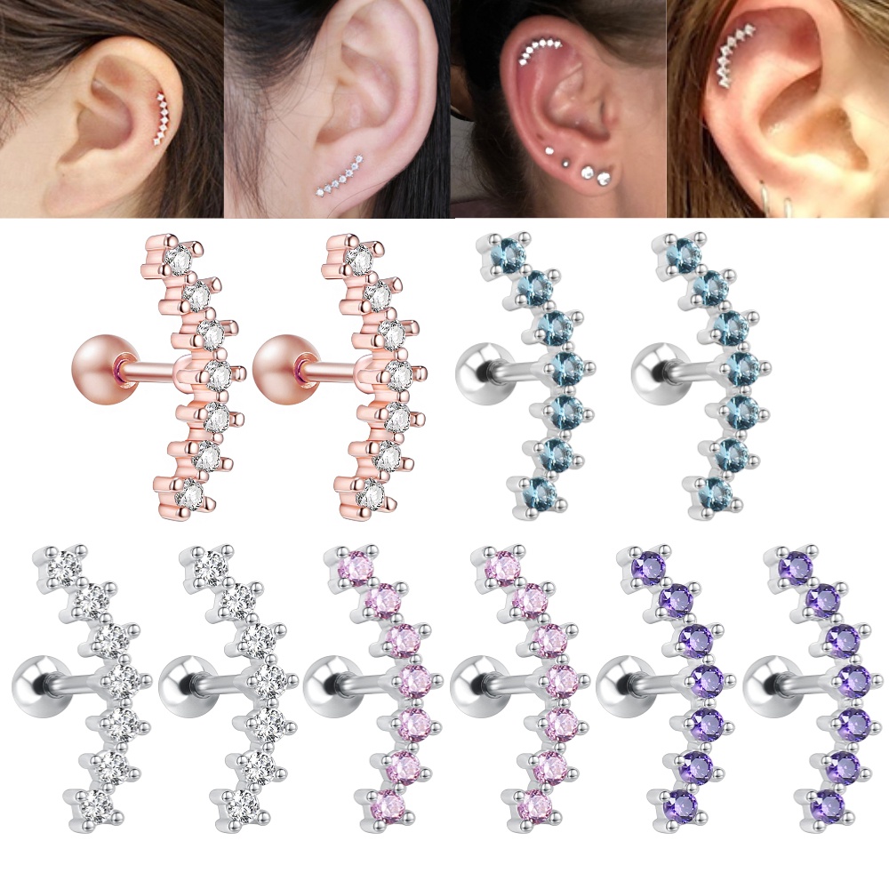 1pasang 4warna CZ Anting Tindik Tulang Rawan Telinga Bola Sekrup Perhiasan Stainless Steel Bentuk Melengkung Stud Earrings