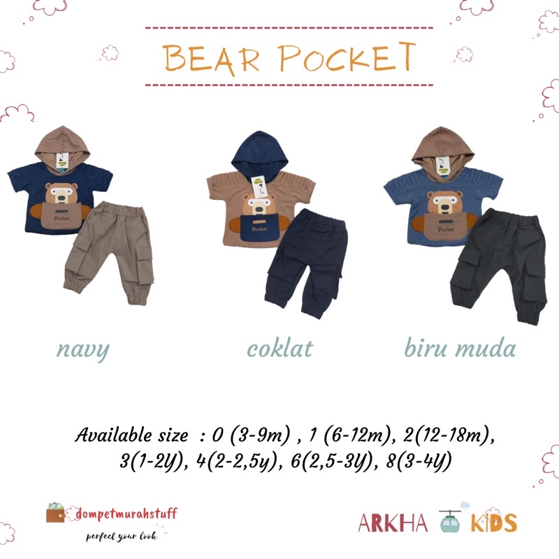 Setelan Anak Laki - Laki / Saint queen / Baju Bayi Laki- Laki Model Hoodie Lengan Pendek  Celana Panjang Ada Kantong Motif Pocket Bear