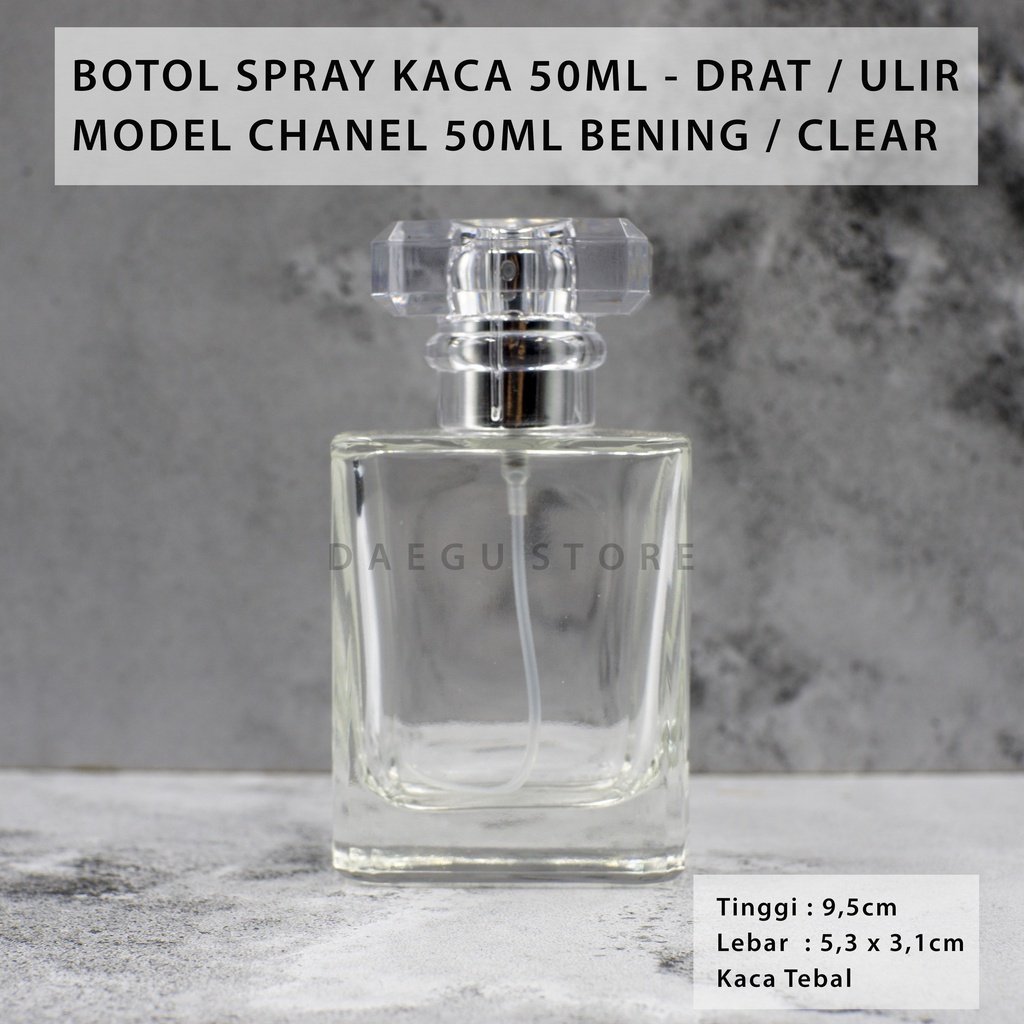 Botol Parfum 50ml Spray Kaca Kotak Isi Perfume Refill Isi Ulang Minyak Wangi - Transparan Bening CHA