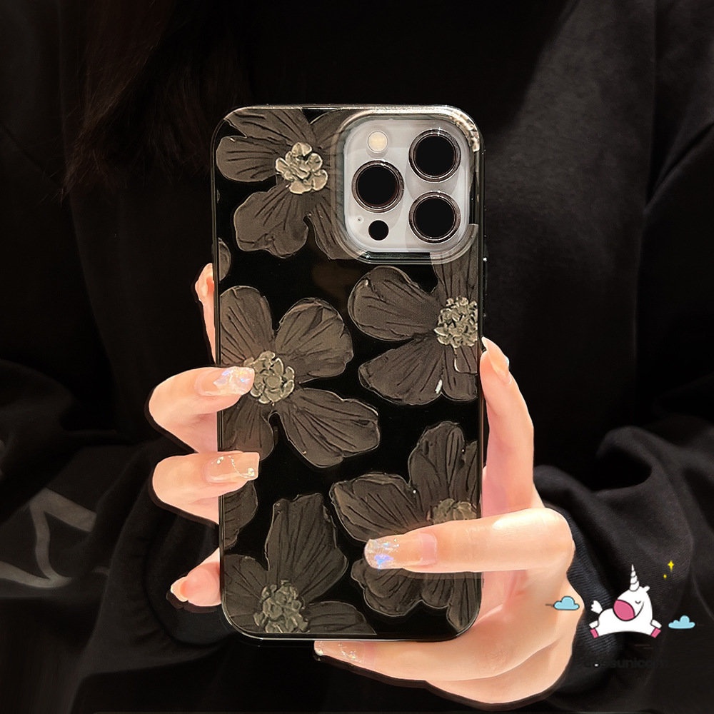 IPHONE Casing Case Ponsel Glossy Kompatibel Untuk Iphone14 13 11 12 Pro Max 7Plus 8Plus XR 78 14 Plus X XS Max SE 2020retro Lukisan Cat Minyak Bunga Halus Lembut Tpu Hitam Penutup Belakang