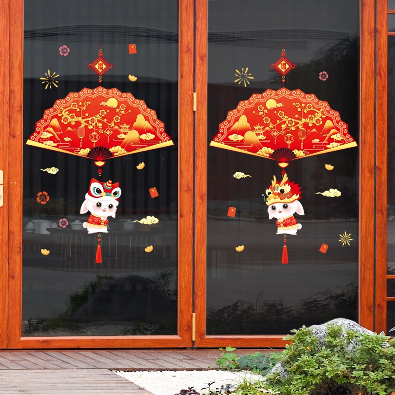 2023musim Semi Festival Shopping Mall Window Glass Decals Rabbit Year Fan Stiker Dinding Hias