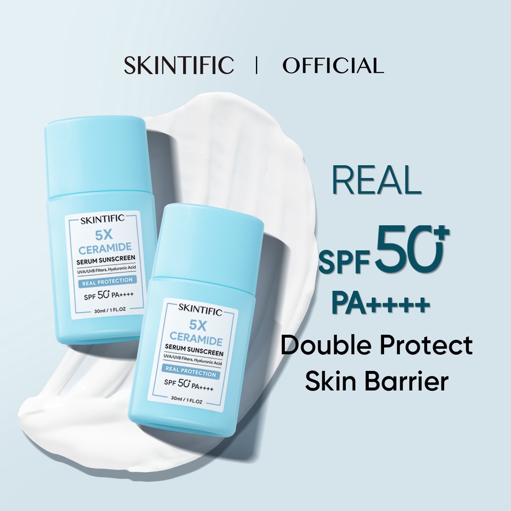 SKINTIFIC Sunscreen 2pcs Set 5X Ceramide Serum Sunscreen Stick SPF50 PA++++ Skincare Sunblock 30ml Untuk Skin Barrier Protect Rusak Kulit Berminyak Berjerawat Sensitif Sunblok Gel Wajah Stik Scintific Anak