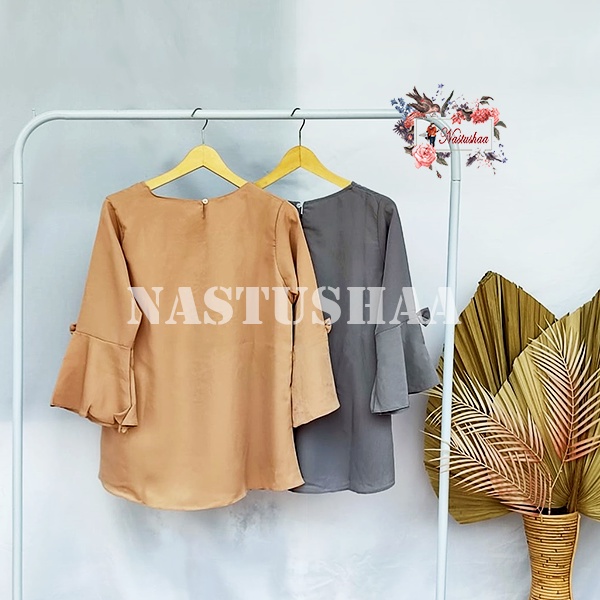 Baju Atasan Wanita Blouse Butterfly Lengan Terompet 7/8 Cantik Warna Polos Bordir Asli Motif Kupu-Kupu Top Wanita Dewasa