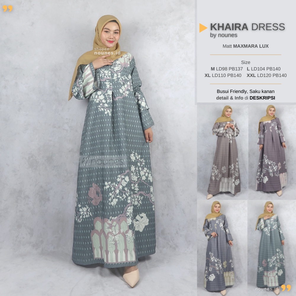 Nounes Khaira Dress Gamis Wanita Matt Maxmara Lux Motif Bunga Busui Friendly size L LD 104