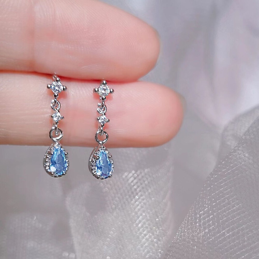 Anting Tusuk Gantung Bahan Sterling Silver 925 Hias Batu Zircon Biru Gaya Koreasimple Untuk Wanita