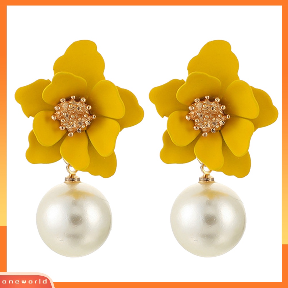 OW@ Women Fashion Flower Faux Pearl Pendant Ear Studs Party Earrings Jewelry Gift