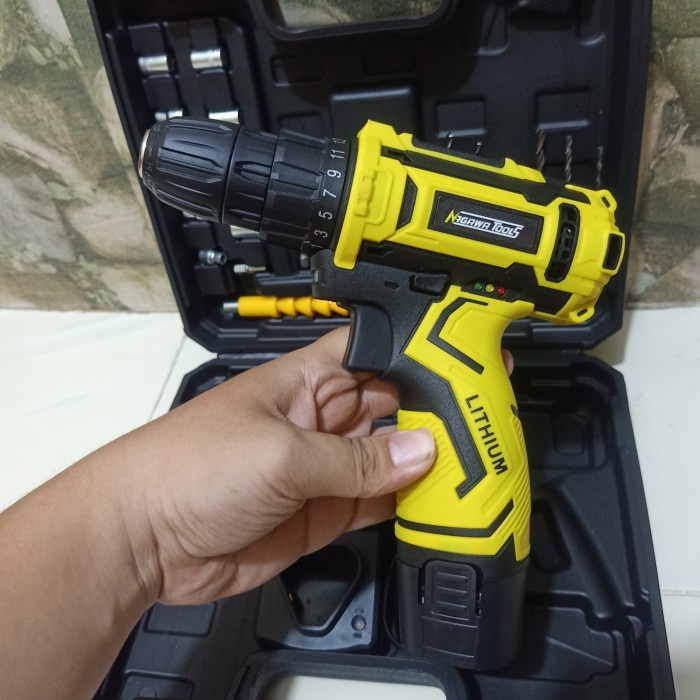 Mesin Bor Besi Kayu Baterai Cordless 12V Set Nagawa Drill Driver Koper