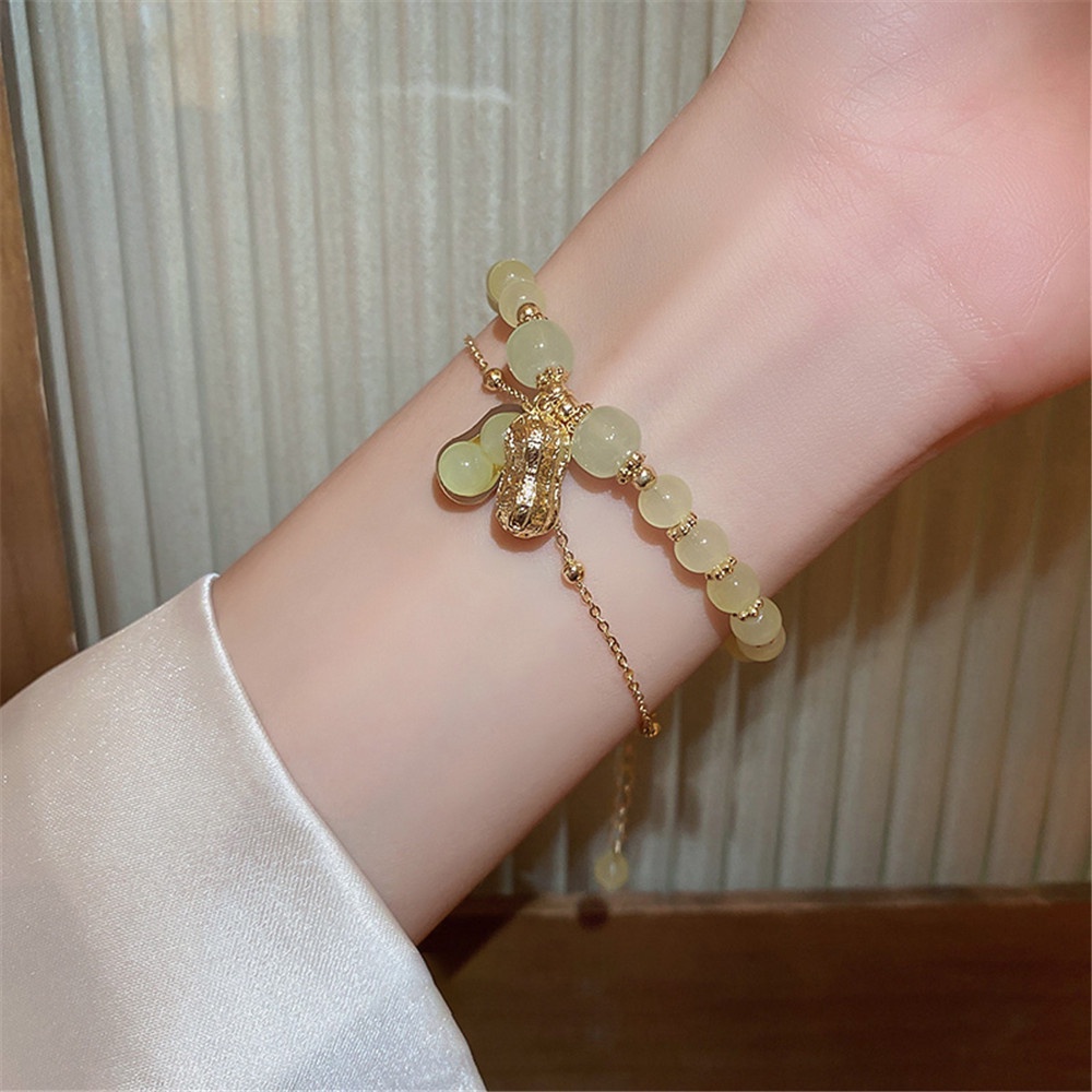 Woman light luxury Elegan retro peanut pendant Jade double-layer Rantai Gelang Perhiasan Hadiah