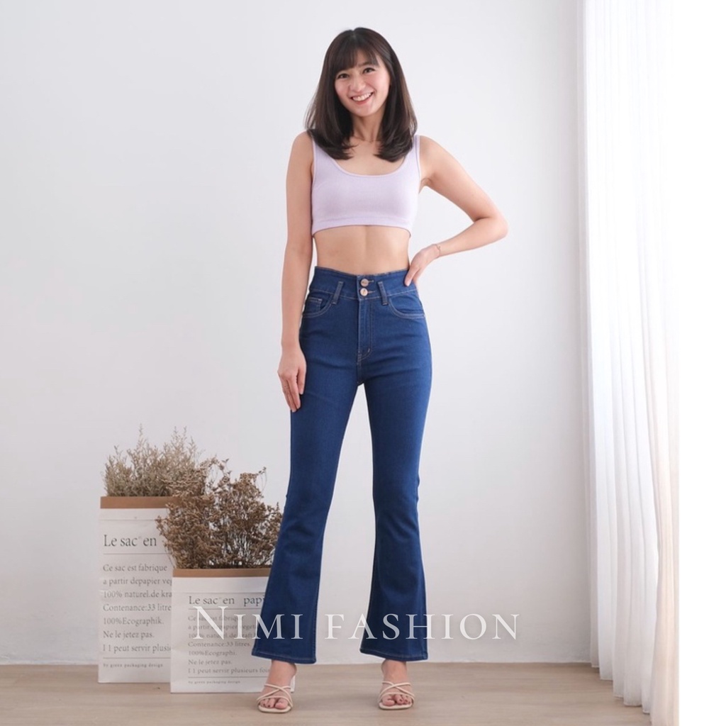 NIMI - Ivey HW Celana Jeans Cutbray Highwaist Stretch Wanita Denim Blue