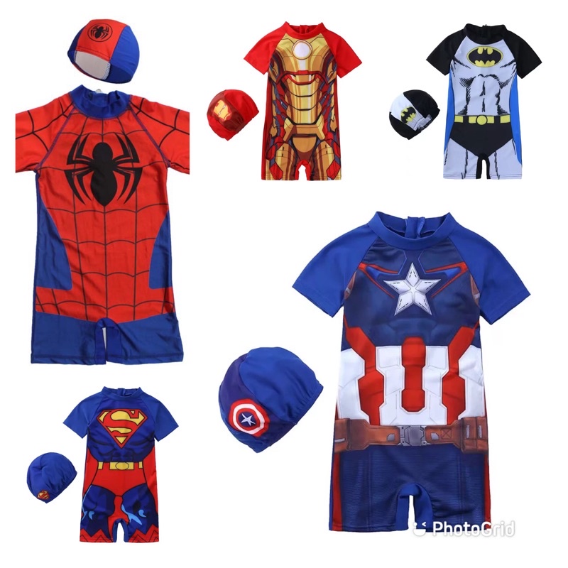 Set Baju Renang Anak Bahan Premium Quality Tebal Free Topi Gambar Superhero Baju Renang Anak Laki laki Lucu Swimsuit Anak Murah