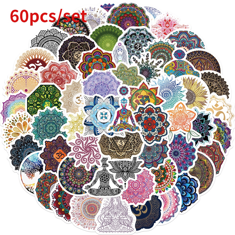 60pcs/set Mandala Bunga Yoga Graffiti Stiker Koper Laptop NoteBook DIY Tahan Air Sticker
