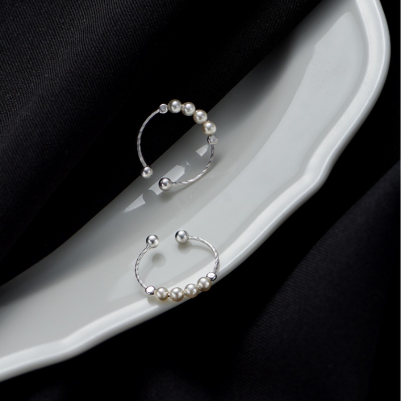 Papaozhu Manik-Manik Mutiara Perak Halus Susun Buku Jari Cincin Untuk Wanita Gadis Korea Tipis Pesona Rings Adjustable Finger Jewelry