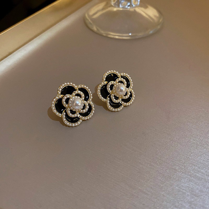 Fashion Anting Kamelia Hitam Untuk Wanita Mutiara Stud Earring Perhiasan Aksesoris