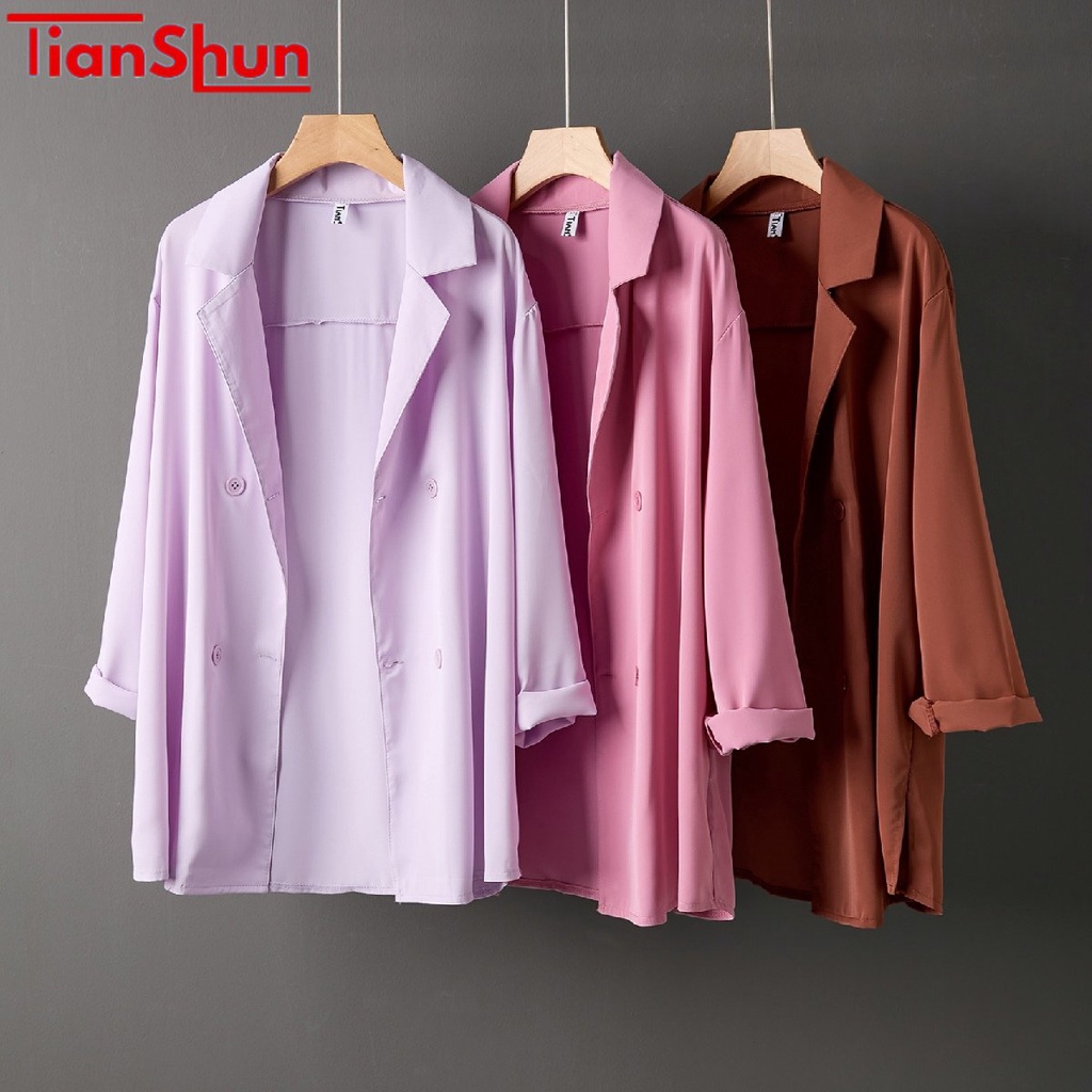 TianShun ungu coklat merah muda Putih Hijau Hitam Biru Korea Blazer Wanita Lengan Panjang Setelan Ja