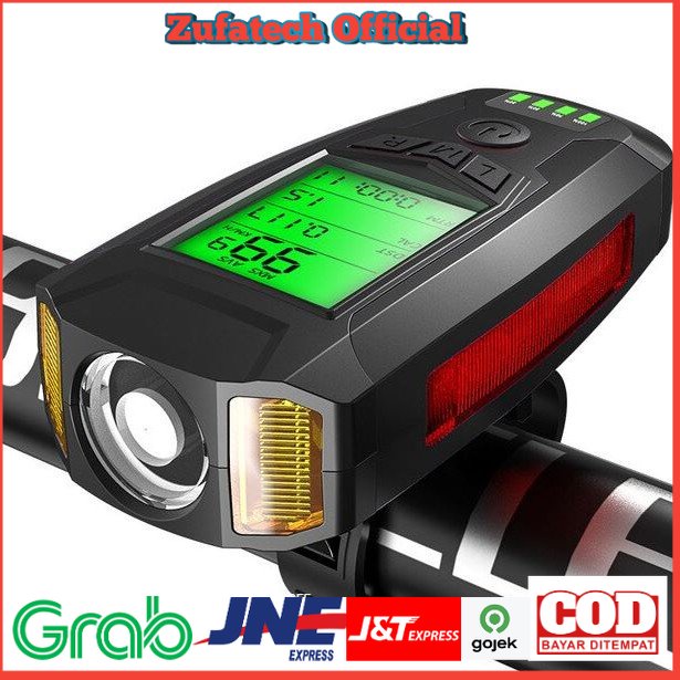 ANLOOK 4 in 1 Lampu Sepeda + Klakson + Speedometer Rechargeable 1200mAh - AS0808 - Black