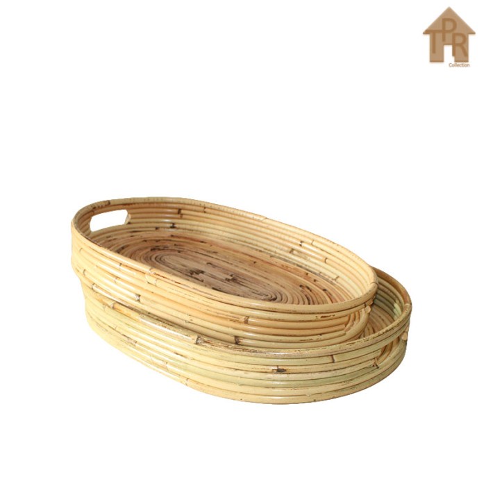 Rotan - Set Nampan Baki Tray Oval Natural Gloss Rotan Utuh 2 PCS.