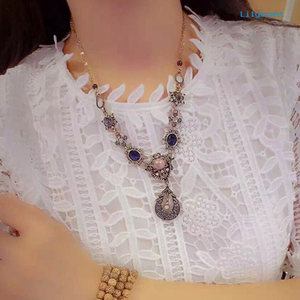 [LS]Fashion Boho Gaya Istana Gaya Shiny Rhinestone Moon Teardrop Oval Statement Necklace