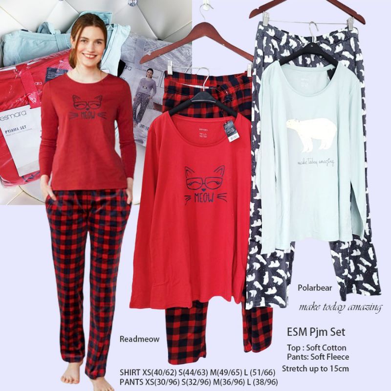 Baju Tidur E*smara Pajamas Set Top Soft Cotton &amp; Fleece