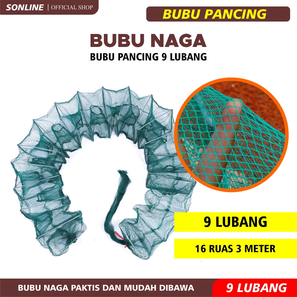 SONLINE Bubu Naga Hijau 3.0 meter / 3.0m Bubu Naga Perangkap Ikan Udang Kepiting Lobster 16 Ruas 9 Lubang