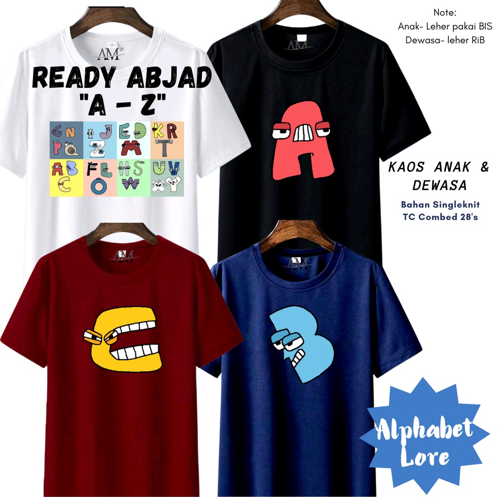 Kaos Cowok Anak 3-12 tahun - Remaja - Dewasa Jumbo ALPHABET LORE custom 1 huruf