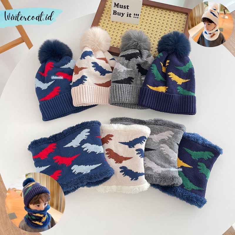 Beanie set anak winter topi kupluk anak dino bayi baby hat scarf musim dingin import hangat bromo dinosaurus cowok