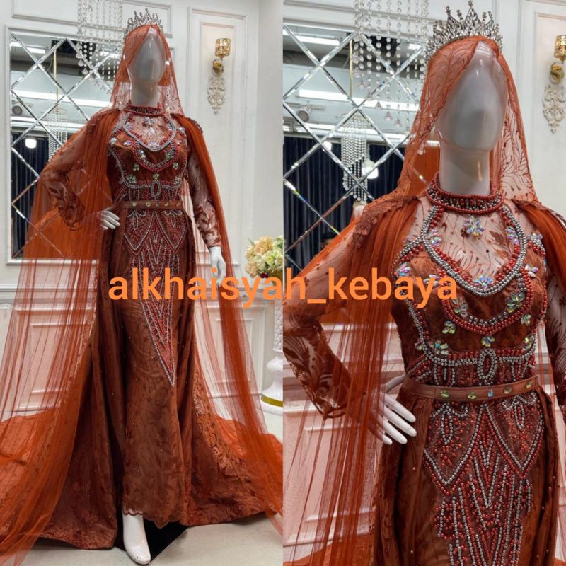 Gaun pengantin slim full mutiara ekor lepas pasang