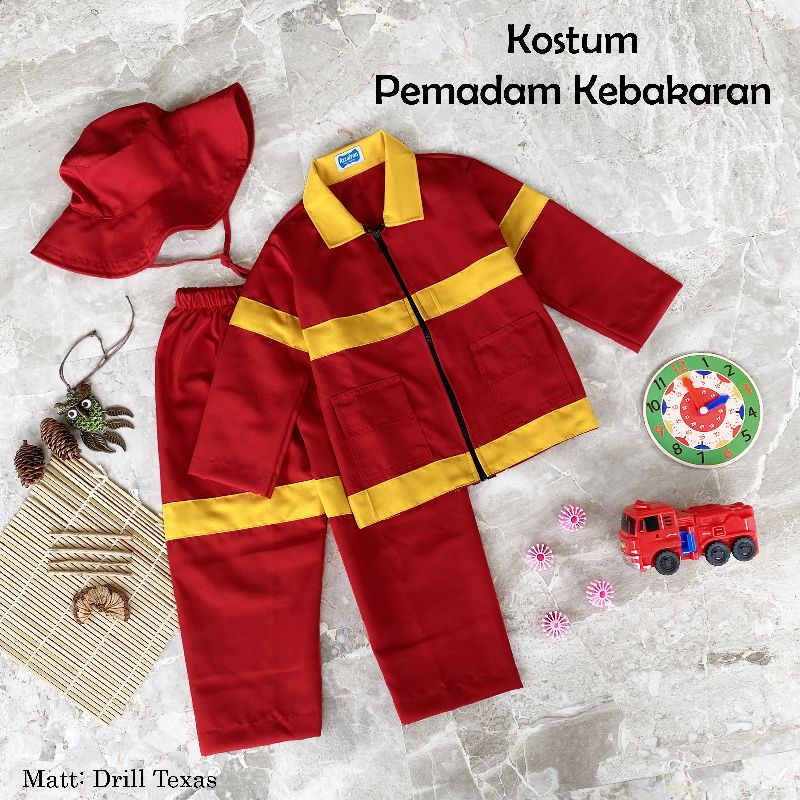 kostum pemadam kebakaran /baju pemadam kebakaran/seragam pemadam kebakaran/baju profesi anak/kostum karnaval anak