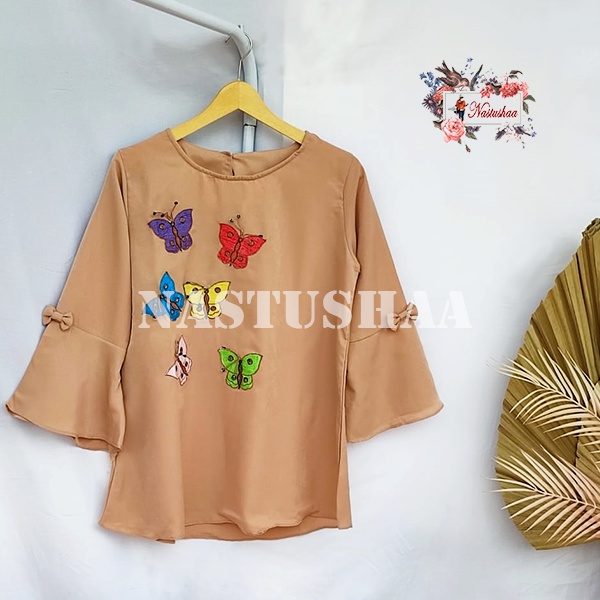 Baju Atasan Wanita Blouse Butterfly Lengan Terompet 7/8 Cantik Warna Polos Bordir Asli Motif Kupu-Kupu Top Wanita Dewasa