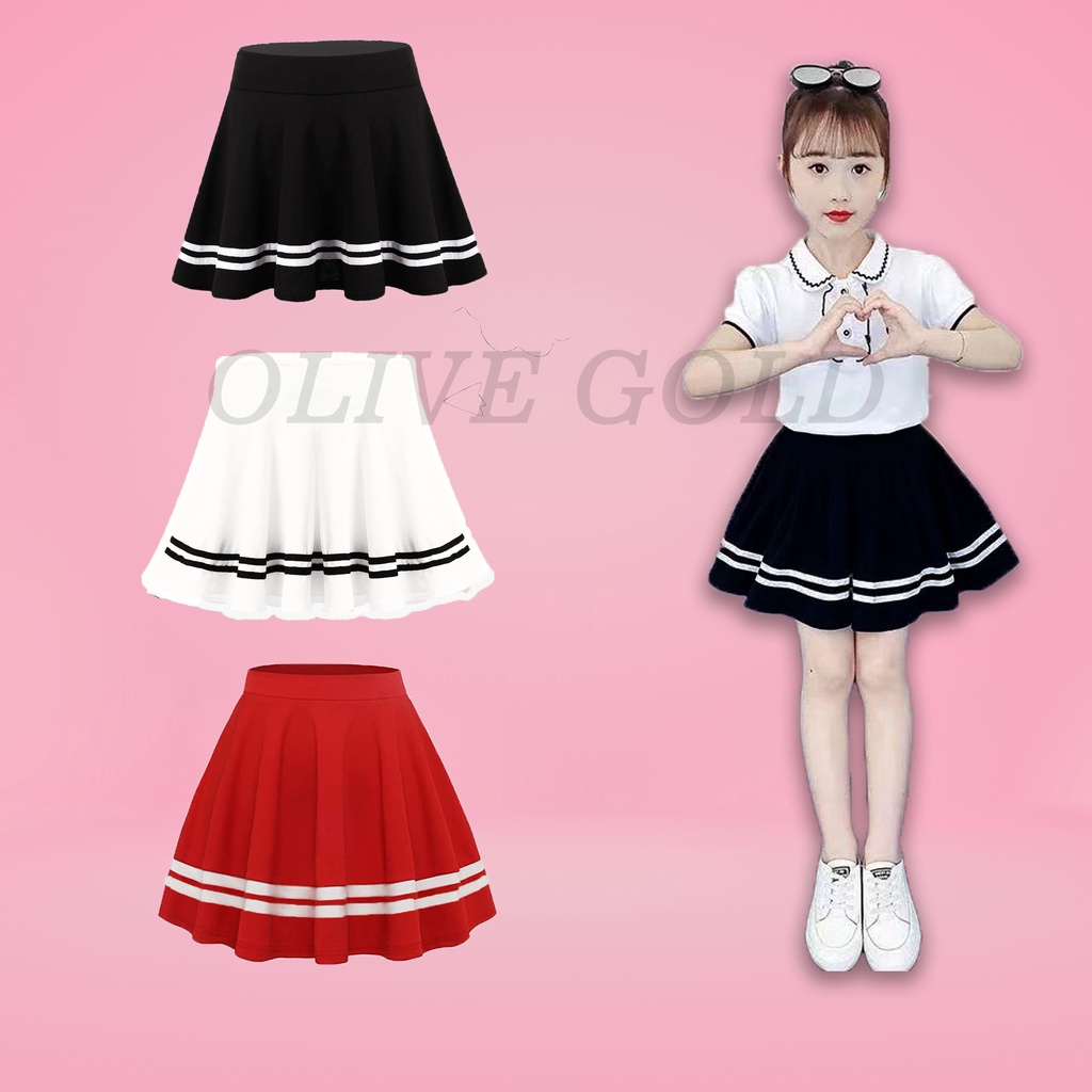 Rok Pendek Anak Korea Rok Mini Anak jepang Hitam Putih Merah Garis List Bahan Scuba Terbaru