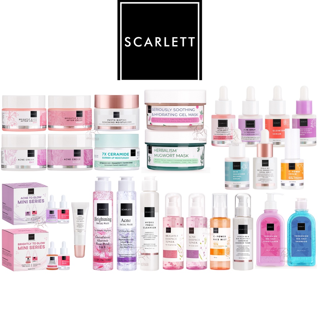 Scarlett Whitening Skincare Series Day Night Moisturizer Serum Toner Face Mist Facial Wash Peeling Moisture Boost Oil Sunscreen Cleanser Mask Shampoo Conditioner to Glow Mini Bpom