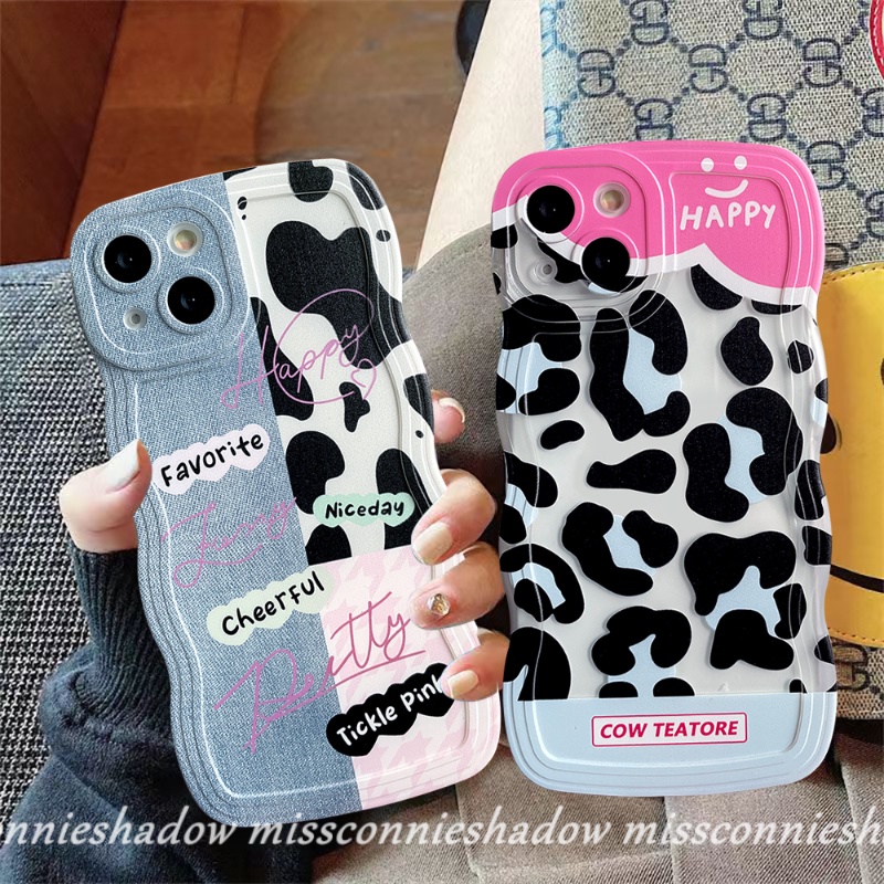 IPHONE Case Kompatibel Untuk Iphone6 6s 87 Plus 11 Pro Max XR X XS Max 14 13 12 Pro Max 14Plus SE 2020 Wavy Edge Cute Denim Patch Happy Leopard Print Bening Lembut TPU Couple Phone Case