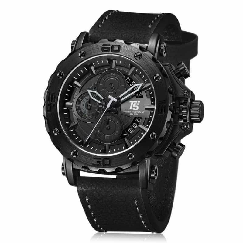 jam tangan pria T5 H3641G Tali kulit Black Elegan Chrono aktif Original