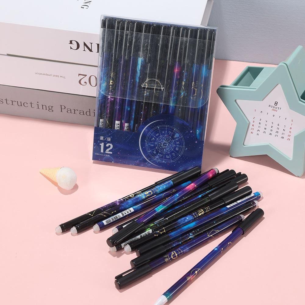 Populer 12PCS/Set Alat Menulis Gel Pen Tinta Hitam/Biru 0.5mm Dihapus Pen