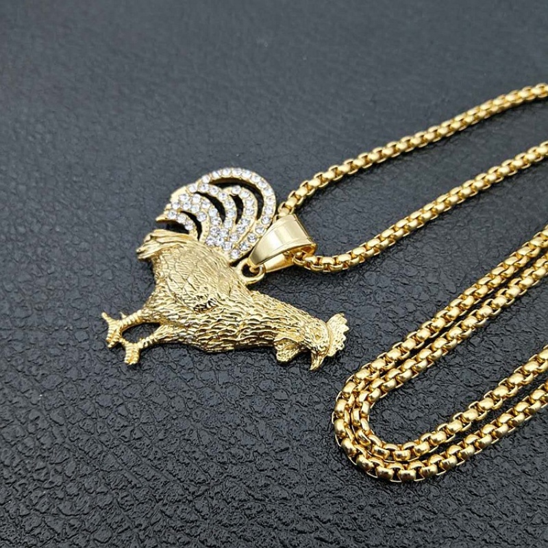 Vintage Hip Hop Fashion Pria Zirkon Ayam Liontin Kalung Pesta Perhiasan Aksesoris