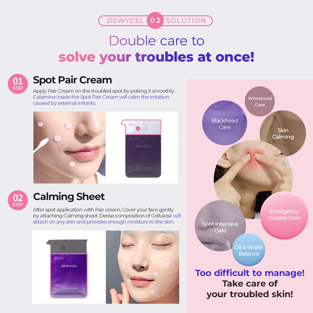 DEWYCEL SPOT PAIR CREAM &amp; CALMING /TROUBLE PAIR FOR ACNE SHEET MASK 25ml BPOM