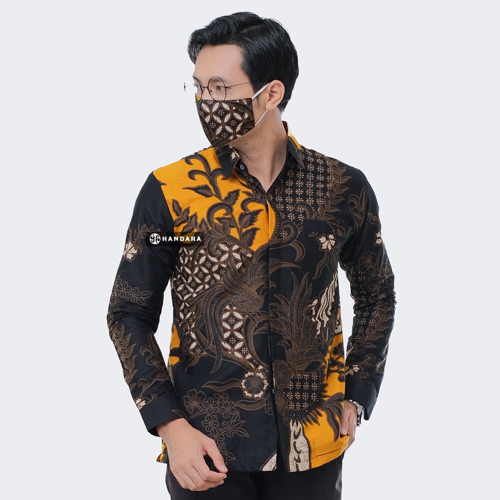 Baju Kemeja Batik Pria Lengan Panjang Slim Fit Premium Modern Full Furing Katun Halus Original Handara Motif Peksi Kuning Ireng HB-256