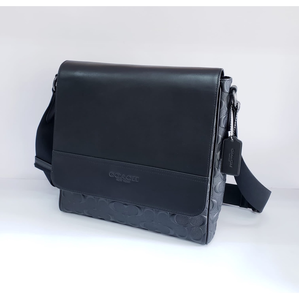 Tas Selempang Pria Coach Houston Map Bag In Signature Leather Gunmetal/Black Embossed 100% Original